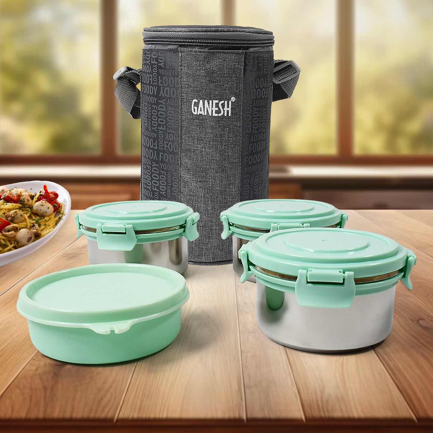 Ganesh 4In1 Tiffin Box-Lunch Box | 3 Stainless Steel Containers 300 Ml Approx & Plastic Salad Container 200 Ml Approx| Plastic lid Box | Round Zip Bag | Leak Proof | Microwave Safe for Office, College
