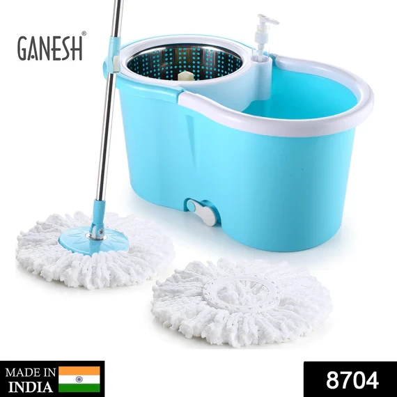 8704 STEEL SPINNER BUCKET MOP 360 DEGREE SELF SPIN WRINGING WITH 2 ABSORBERS FOR HOME AND OFFICE FLOOR CLEANING MOPS SET