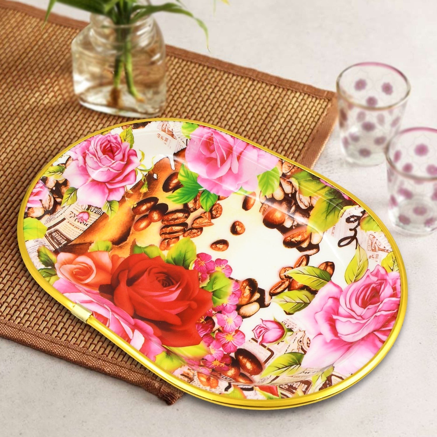 Plastic Flower Printed Design Serving Tray (3 Pcs Set / Mix Color) by DeoDap