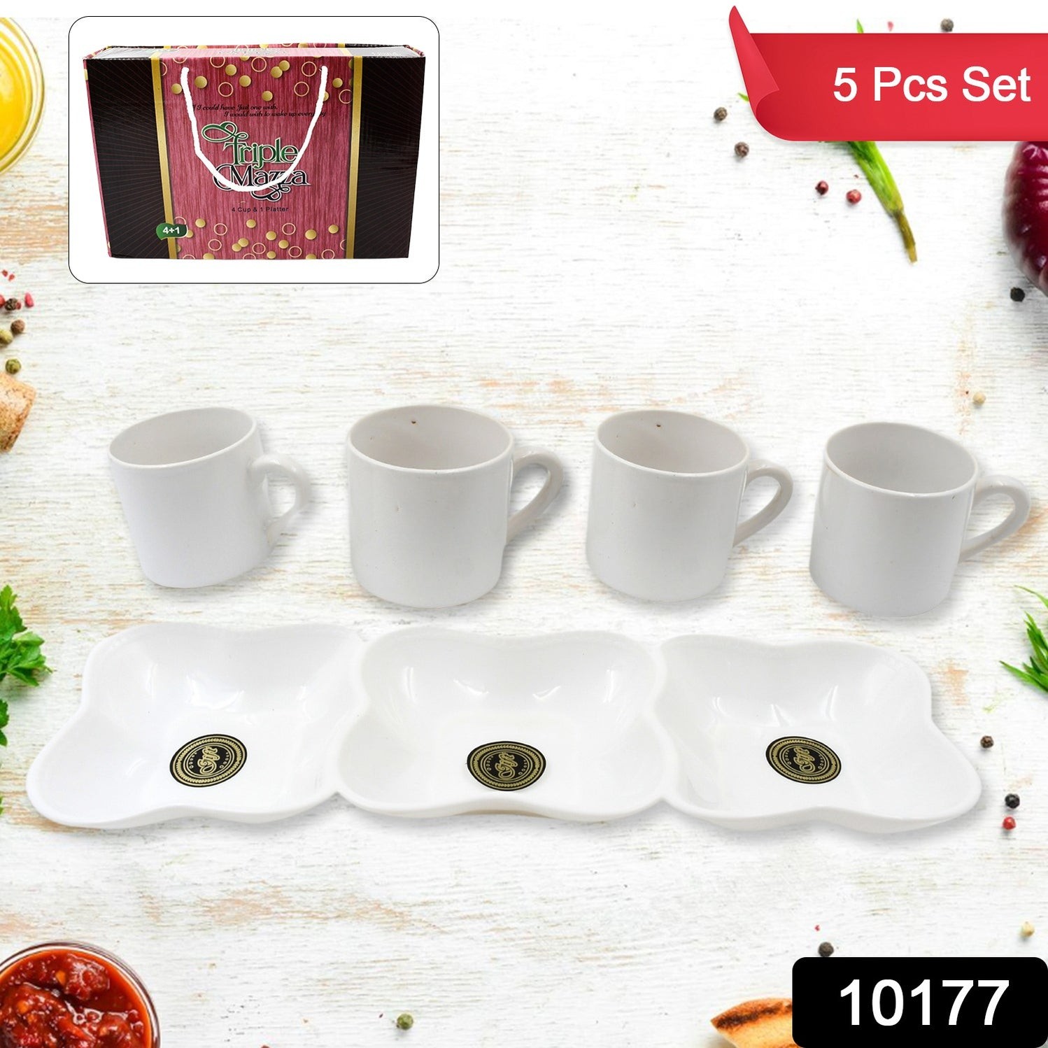 Triple Mazza Ceramic Tea / Cups Set Including 3 Compartment Plastic Serving Platter (4 Pcs Set) by DeoDap