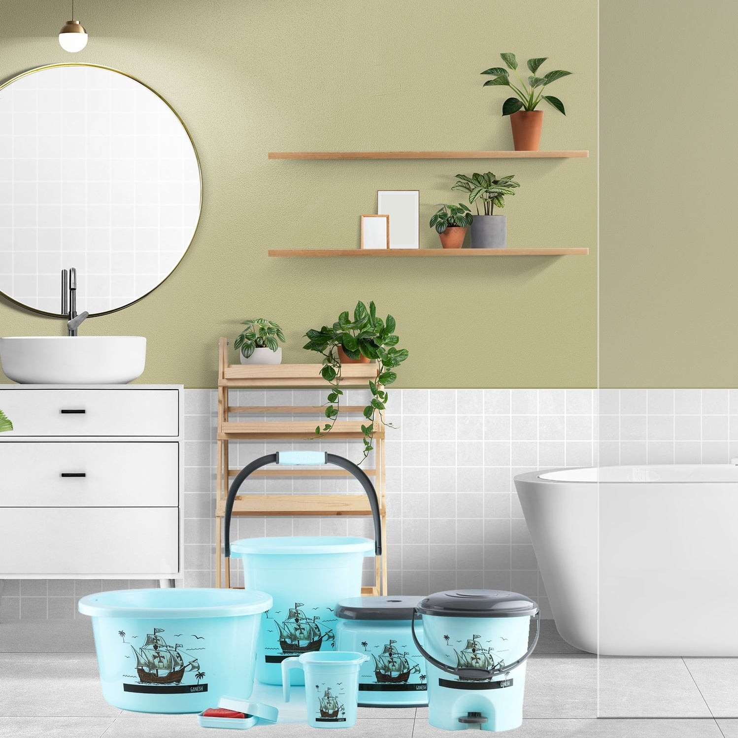 Plastic Bathroom Accessories Set 6 pcs Bath Set Bathroom Bucket with Dustbin Mug, Stool, Soap Case,Tub (MOQ :- 4 Pc / Mix Color )