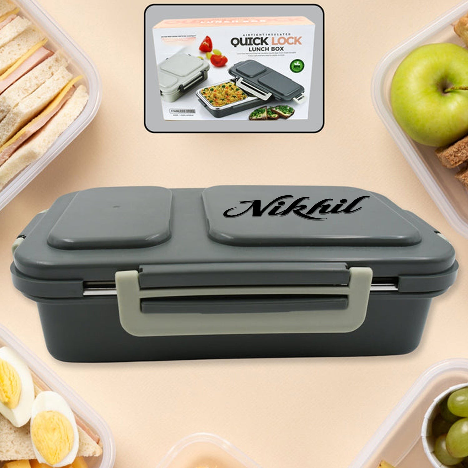 Customize Miracle Quick Lock Leak Proof 2 Compartment Stainless Steel LUNCH BOX Inner Plate Reusable Microwave Freezer Safe Lunch Box Trendy Thermal Insulation Leak Proof for Office Vacuum Tiffin Box 